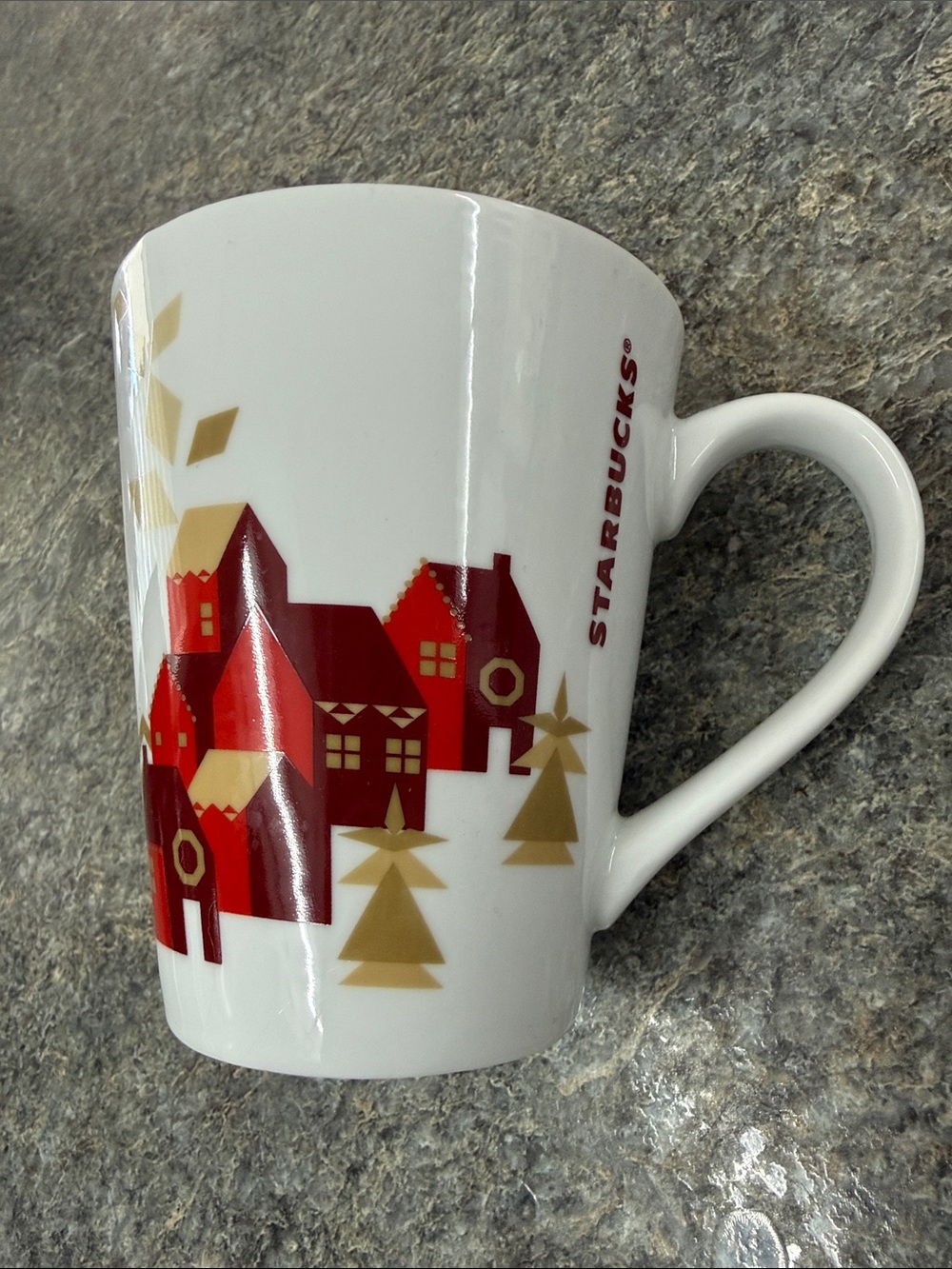 Starbucks 2013 White Mug with Red and Gold Holiday Village Design